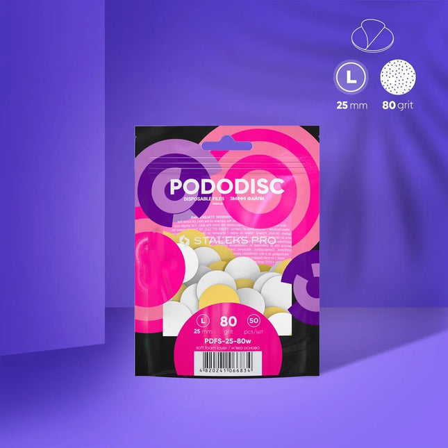 Disposable white files with soft foam layer for pedicure disc PODODISC STALEKS PRO L 80 grit (50 pcs) PDFS-25-80w