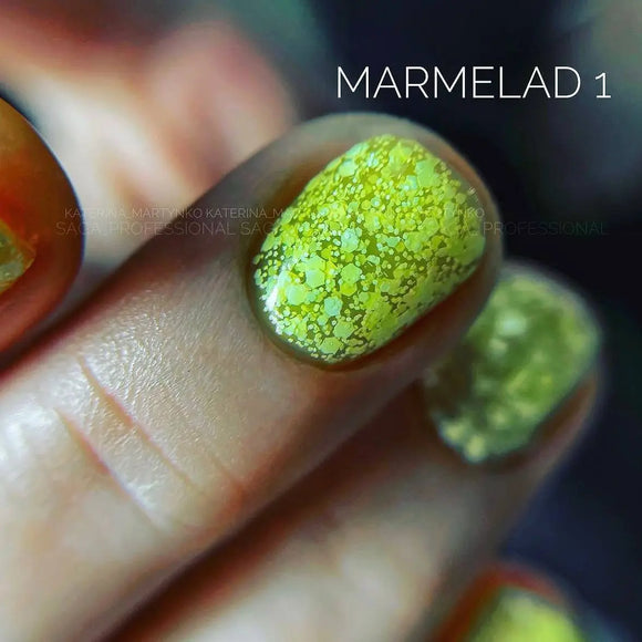 Saga Marmalade gel polish №01 Chartreuse with flakes 9ml