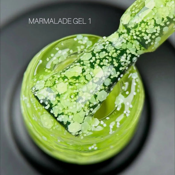 Saga Marmalade gel polish №01 Chartreuse with flakes 9ml